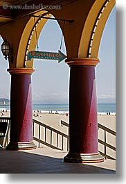archways, beaches, boardwalk, california, deck, pillars, santa cruz, signs, structures, vertical, west coast, western usa, photograph