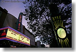 buildings, california, dusk, garden mall, horizontal, lights, marquis, movie, nature, nite, plants, santa cruz, signs, stores, structures, theater, trees, west coast, western usa, photograph