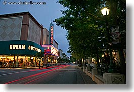 buildings, california, garden mall, horizontal, lamp posts, light streaks, long exposure, motion blur, movie, nature, nite, outfitters, plants, santa cruz, signs, stores, structures, theater, trees, urban, west coast, western usa, photograph
