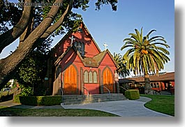 california, churches, horizontal, nature, palm trees, plants, red, santa cruz, trees, west coast, western usa, photograph
