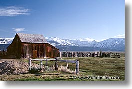 barn, california, horizontal, houses, land, mountains, sierras, snow, west coast, western usa, photograph