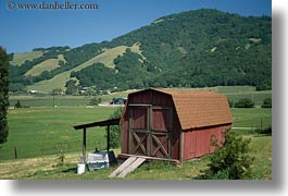 barn, buildings, california, green, hills, horizontal, small, sonoma, west coast, western usa, photograph