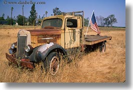 american, california, flags, horizontal, old, sonoma, trucks, west coast, western usa, photograph