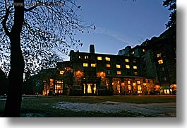 ahwahnee, buildings, california, horizontal, hotels, lights, long exposure, nature, nite, plants, silhouettes, structures, trees, west coast, western usa, yosemite, photograph