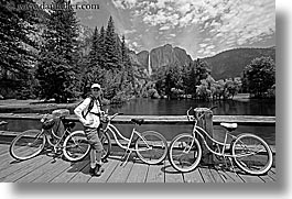 bicycles, bikes, black and white, bridge, california, falls, horizontal, jills, people, structures, transportation, waterfalls, west coast, western usa, womens, yosemite, photograph