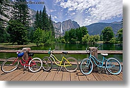 bicycles, bikes, bridge, california, colorful, horizontal, nature, structures, transportation, water, waterfalls, west coast, western usa, yosemite, photograph