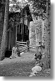 black and white, bridge, california, covered, materials, structures, vertical, west coast, western usa, woods, yosemite, photograph
