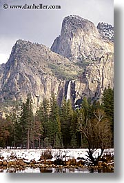 bridalveil falls, california, falls, mountains, nature, snow, trees, vertical, water, waterfalls, west coast, western usa, yosemite, photograph