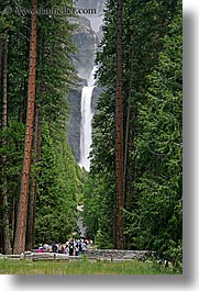 california, falls, nature, paths, trees, vertical, walkers, water, waterfalls, west coast, western usa, yosemite, yosemite falls, photograph