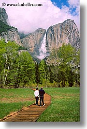 activities, california, couples, falls, nature, paths, people, trees, vertical, walk, water, waterfalls, west coast, western usa, yosemite, yosemite falls, photograph