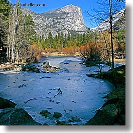 california, frozen, ice, lakes, mirror lake, mountains, nature, plants, square format, trees, water, west coast, western usa, yosemite, photograph