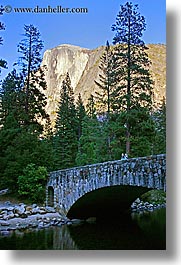 bridge, california, half dome, mountains, nature, people, plants, structures, trees, vertical, west coast, western usa, yosemite, photograph
