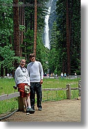 boys, california, chase, forests, jills, mothers, nature, people, plants, teenagers, trees, vertical, water, waterfalls, west coast, western usa, womens, yosemite, photograph