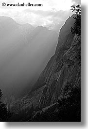black and white, california, mountains, nature, sky, sun, sunbeams, valley, valley view, vertical, west coast, western usa, yosemite, photograph