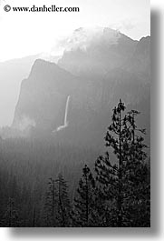 black and white, bridalveil falls, california, clouds, dawn, fog, nature, trees, valley, valley view, vertical, water, waterfalls, west coast, western usa, yosemite, photograph