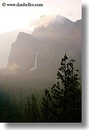 bridalveil falls, california, clouds, dawn, fog, nature, trees, valley, valley view, vertical, water, waterfalls, west coast, western usa, yosemite, photograph