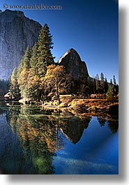 california, mountains, reflections, rivers, trees, vertical, water, west coast, western usa, yosemite, photograph