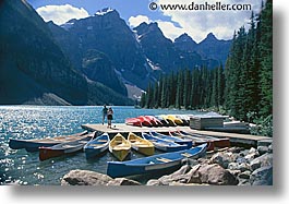 alberta, banff, canada, canadian rockies, canoes, horizontal, lake morain, lakes, moraine, mountains, wenkchemna peaks, photograph