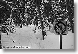 alberta, banff, bicycles, black and white, canada, canadian rockies, horizontal, mountains, signs, snow, photograph