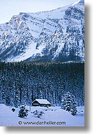 alberta, cabins, canada, canadian rockies, lake louise, mountains, snow, vertical, photograph
