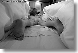 babies, beds, black and white, canada, horizontal, jacks, people, pillows, vancouver, photograph