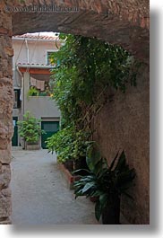 arches, cres, croatia, europe, green, hangings, ivy, narrow streets, slow exposure, streets, vertical, photograph