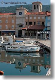 boats, buildings, clock tower, colorful, colors, cres, croatia, europe, harbor, structures, towers, towns, vertical, photograph