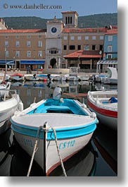 boats, buildings, clock tower, colorful, colors, cres, croatia, europe, harbor, structures, towers, towns, vertical, photograph