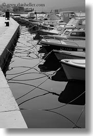 black and white, boats, cres, croatia, europe, moored, vertical, photograph