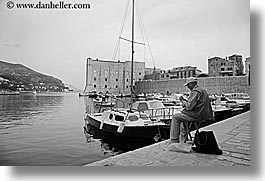 black and white, boats, croatia, dubrovnik, europe, fishing, harbor, horizontal, men, old, photograph