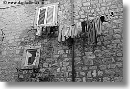 black and white, croatia, dubrovnik, europe, hangings, horizontal, laundry, photograph