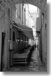 alleys, black and white, croatia, dubrovnik, europe, narrow streets, restaurants, vertical, photograph