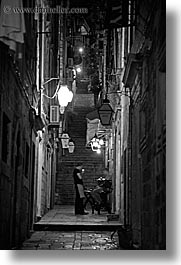 alleyway, black and white, croatia, dubrovnik, europe, lamp posts, nite, slow exposure, smokers, streets, vertical, photograph
