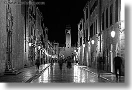 black and white, croatia, dubrovnik, europe, horizontal, motion blur, nite, placa, slow exposure, stradum, streets, photograph