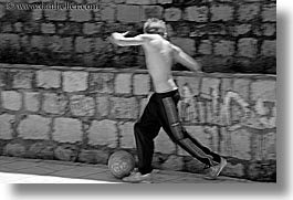 black and white, boys, croatia, dubrovnik, europe, horizontal, people, soccer, photograph