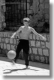 black and white, boys, croatia, dubrovnik, europe, people, soccer, vertical, photograph