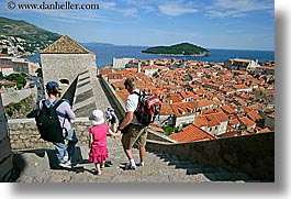 childrens, cityscapes, croatia, dubrovnik, europe, families, fathers, girls, horizontal, mothers, stairs, town view, townview, photograph
