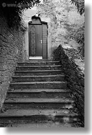 black and white, croatia, doors, europe, groznjan, stairs, vertical, photograph