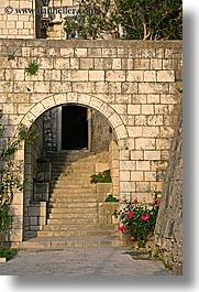 arches, archways, croatia, europe, flowers, korcula, stairs, vertical, photograph