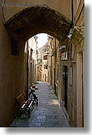 arches, archways, bicycles, croatia, europe, korcula, under, vertical, photograph
