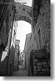 arches, archways, black and white, croatia, europe, high, korcula, vertical, photograph