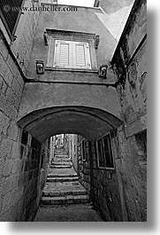 arches, archways, black and white, croatia, europe, korcula, stairs, under, vertical, photograph