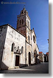 bell towers, churches, croatia, europe, korcula, vertical, photograph