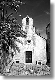 bell towers, black and white, churches, croatia, europe, korcula, vertical, photograph