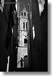 bell towers, black and white, churches, croatia, europe, korcula, silhouettes, vertical, photograph
