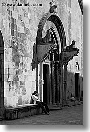 black and white, churches, croatia, europe, korcula, vertical, womens, photograph