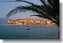 cityscapes, croatia, europe, horizontal, korcula, palm trees, palmtree, sunsets, water, photograph
