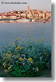 cityscapes, croatia, europe, korcula, plants, slow exposure, sunsets, towns, townview, vertical, water, photograph