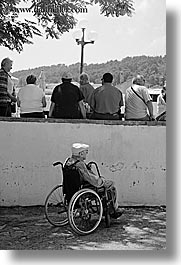 alone, black and white, croatia, europe, korcula, men, old, people, vertical, wheelchair, photograph