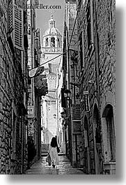 black and white, croatia, europe, korcula, nuns, people, streets, vertical, walk, photograph
